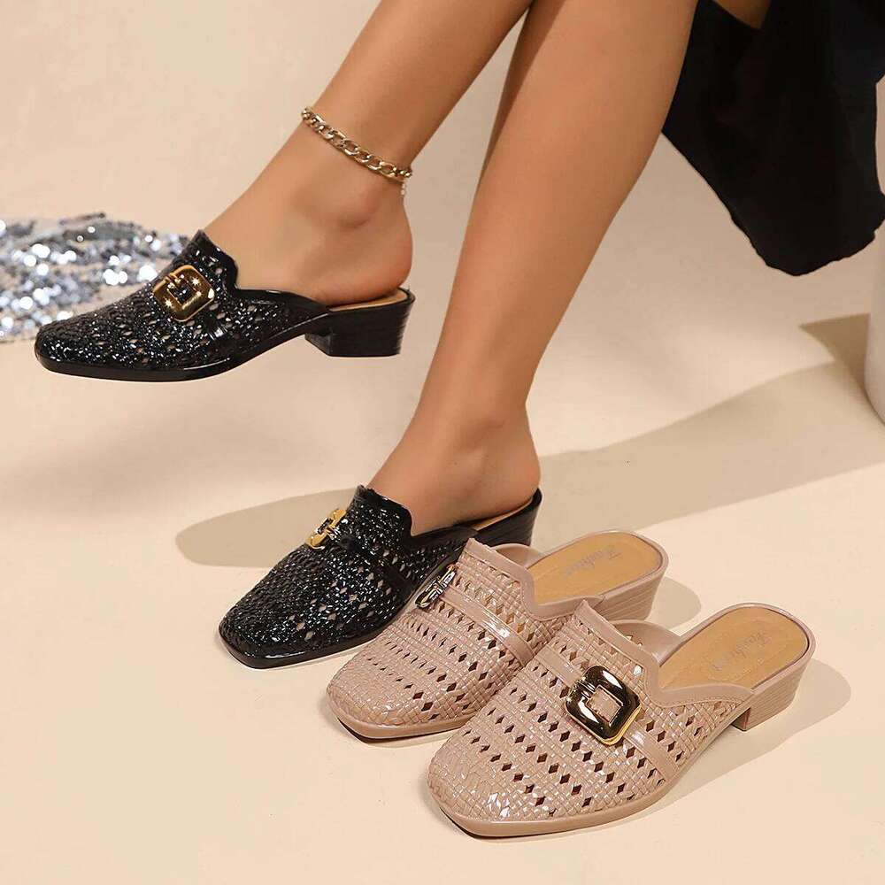 2026 New Women's Fashion Hollow Slippers Summer Mid Heel Soft Beach Buckle Sliding Shoes Outside