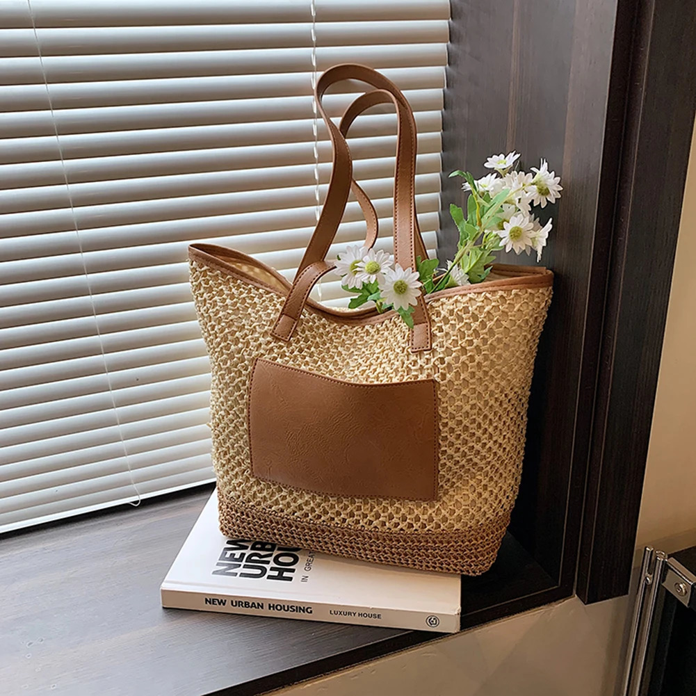 Women Straw Crochet Beach Handbag PU Patchwork Simple Shoulder Bag Contrast Color Minimalist Tote Bag Ladies Summer Bag 260303