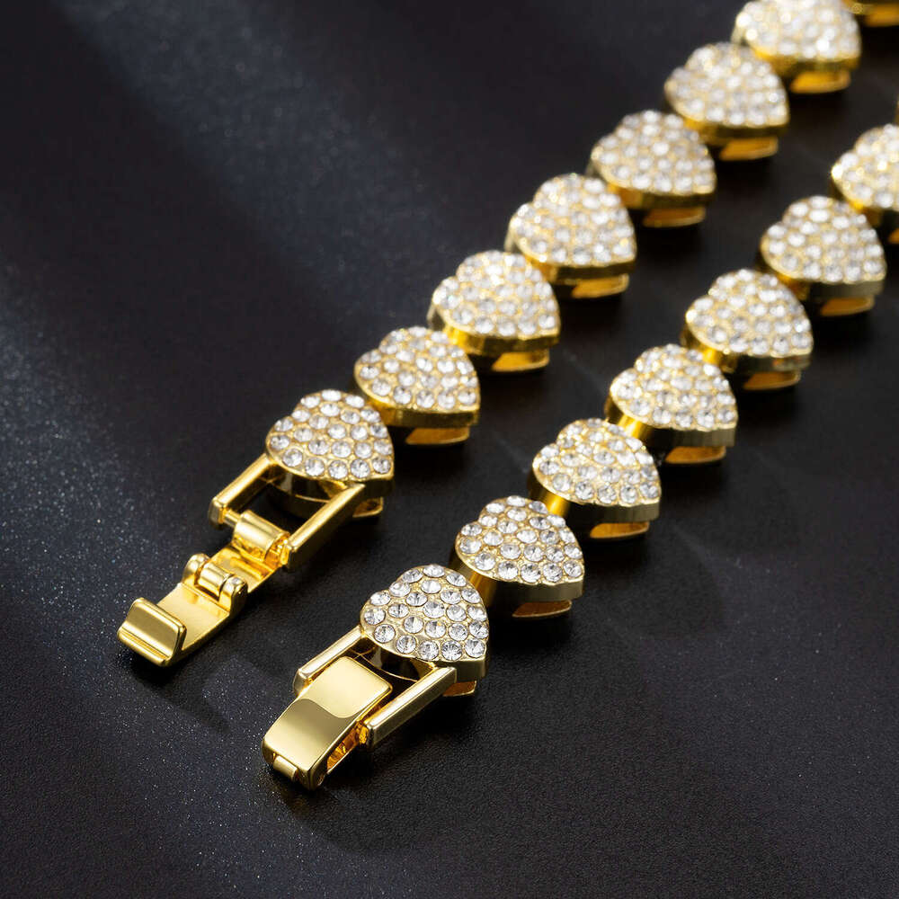 European and American cross-border high-quality heart-shaped Cuban necklace 10mm alloy full diamond women's bracelet hip-hop jewelry factory