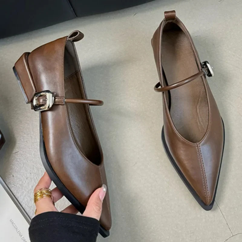 Pointed Toe Women Shoes Buckle Strap Solid Color Retro er Low Heel Shallow Female Shoes Leather Concise Casual Shoes 260303