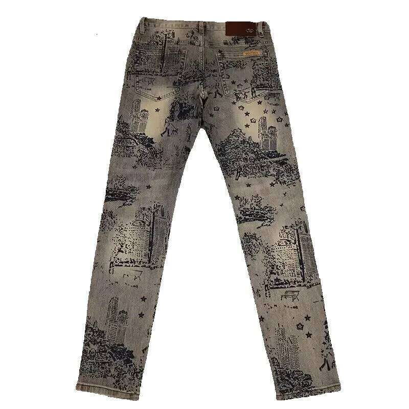 Men's Jeans Designer Clothes Trend Slim Fit Printed Jeans Autumn Winter New Retro Light Straight Casual Fashion Versatile Long Pan Men's Clo