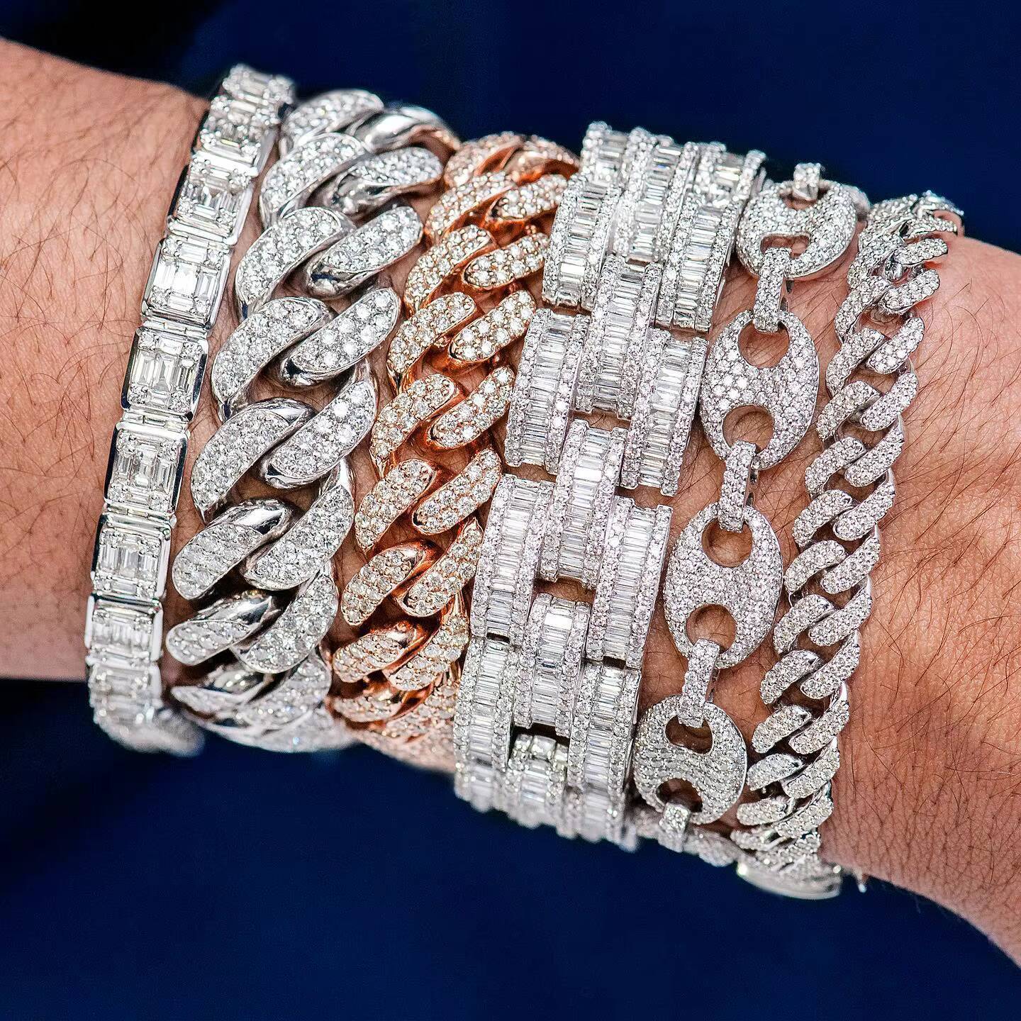 Fully Iced Out Round Brilliant Cut Moissanite Diamond 925 Sterling Silver Mens Unique Cuban Link Bracelet Hip Hop Style For Men