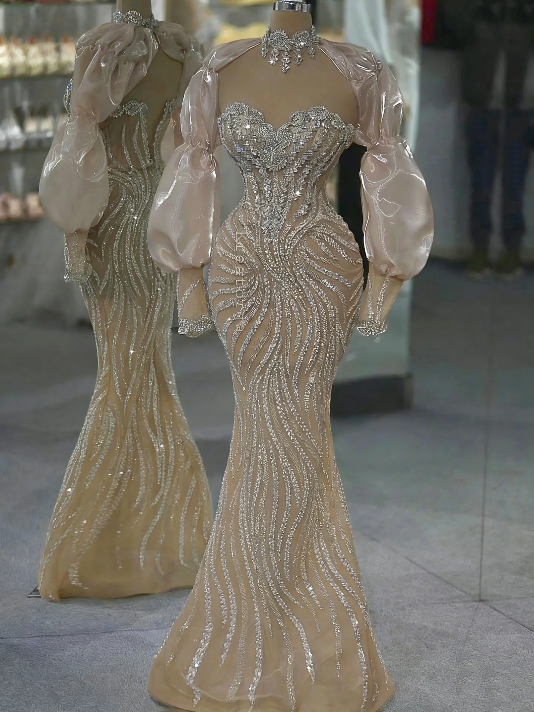 Exquisite Mermaid Evening Dresses For Women Sequins Crystal Gown Sweetheart Neck Long Sleeves Sweep Train Dress Party Custom Made