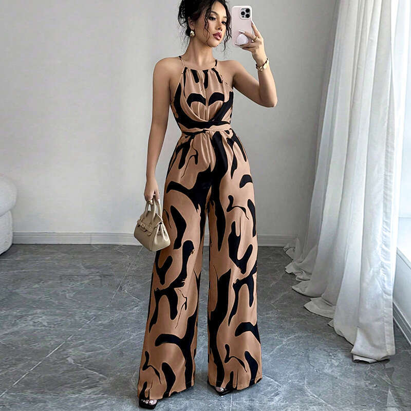Cross-border foreign trade summer with straps, European and American style, milk stripe, tie-neck halter jumpsuit for women