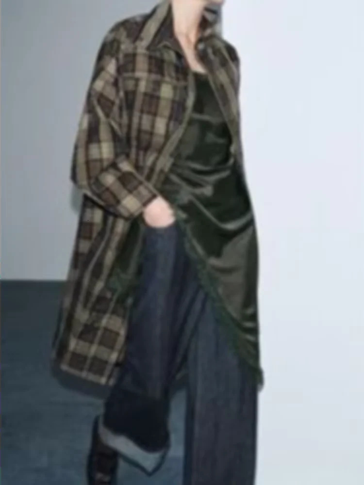 Plaid Long Trench Coat Women Casual Longsleeved Stand Collar Multipocket Windbreaker 2026 Spring Lady Daily Coats 260228