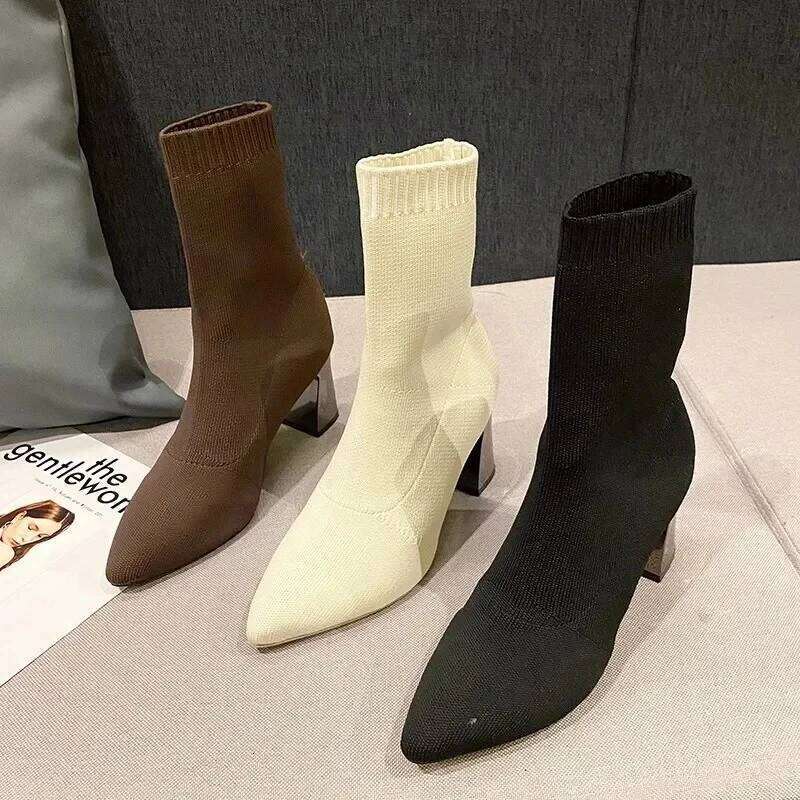 2025 Winter New Pointed Slimming Socks and Casual Fashion Thick High Heels Women's Boots