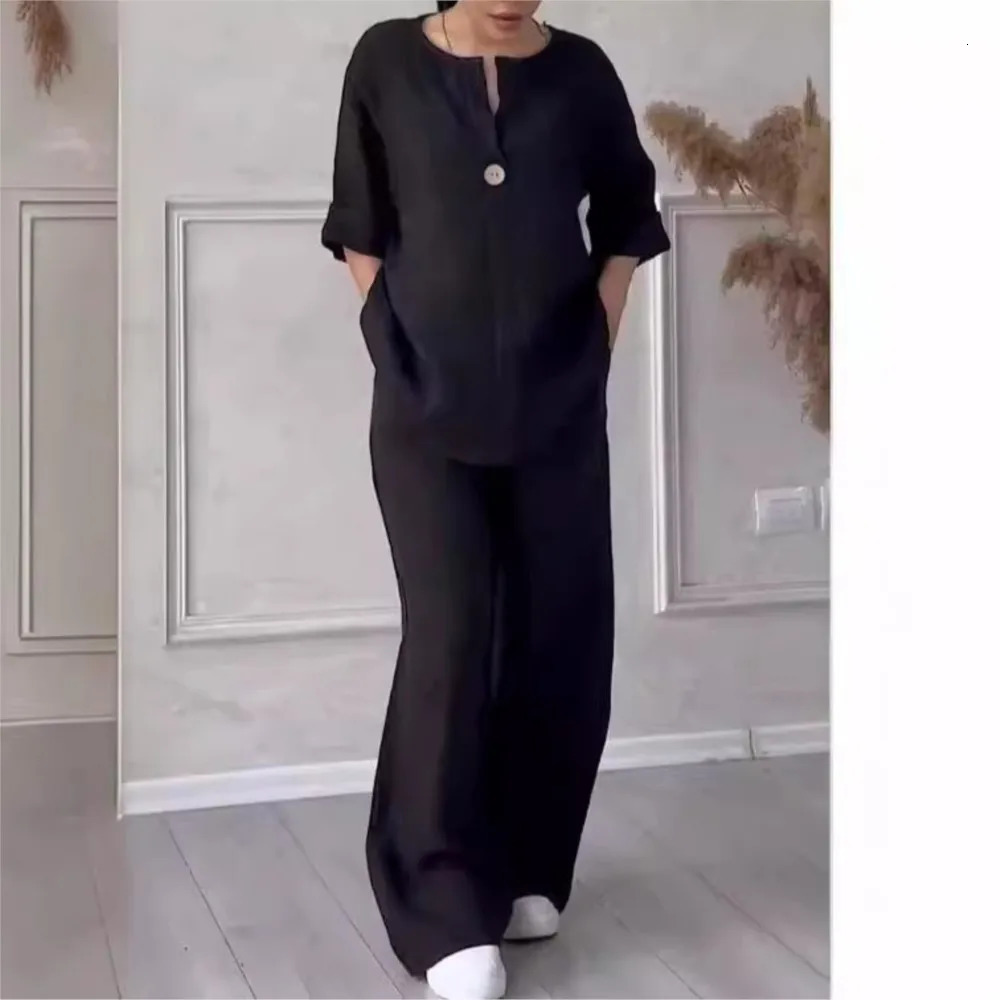 Fashion O Neck Long Sleeve Cotton Linen Shirt Suit Women Spring Autumn Casual Solid Color Pocket Pants Female Office 2 Piece Set 260305