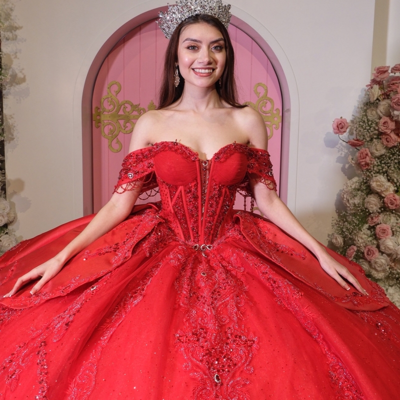 Red Shiny Quinceanera Dresses Ball Gown Off The Shoulder Applique Lace Beading Crystal Bow Corset Party Birthday Sweet 16 Dress Vestidos 15 De Anos