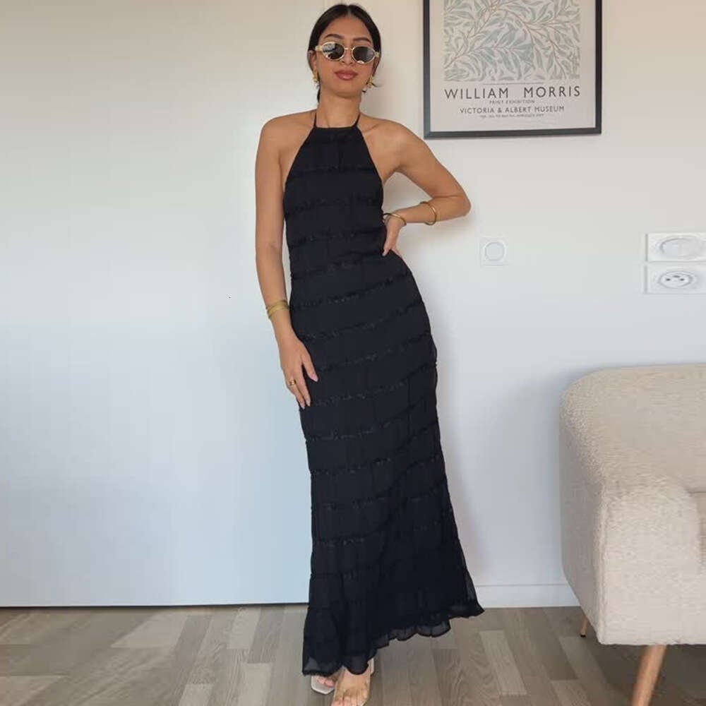 European and American foreign trade women's backless pleated fabric unique dress, new breathable lace-up ruffle long dress