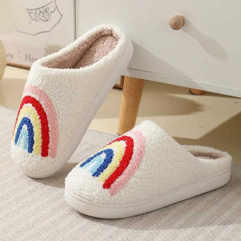 Women Rainbow Slippers Men Retro Preppy Slippers Winter Warm Plush House Fluffy Living Room Shoes Female New Christmas Gifts S260305