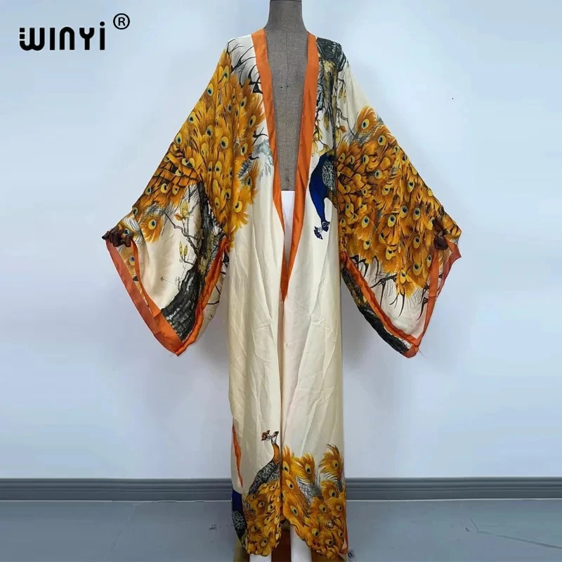 WINYI Summer Women Cardigan stitch Cocktail sexy Boho Maxi African Holiday Batwing Sleeve Silk feeling Robe kimono kaftan 260228