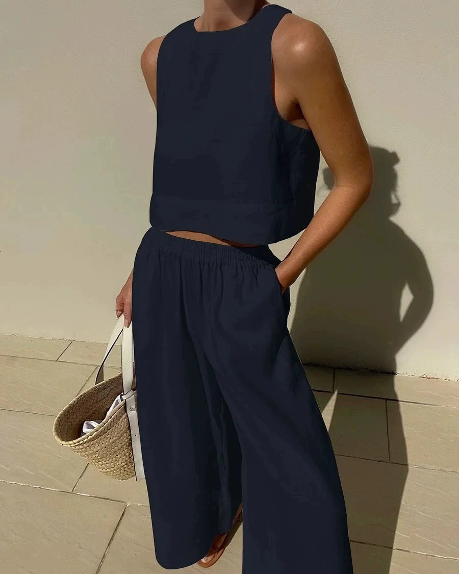 Cotton And Linen Pant Sets Women Sleeveless Leace-up Short Tops Drawstring Long Pants Two Piece Set Commuting Summer 260305