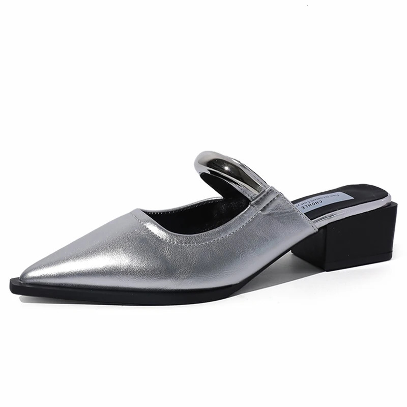 Summer Women Cover Toe Mules Slippers Fashion Metal Decoration Thick Heel Slide Shoes Comfort Street Style Footwear 260303