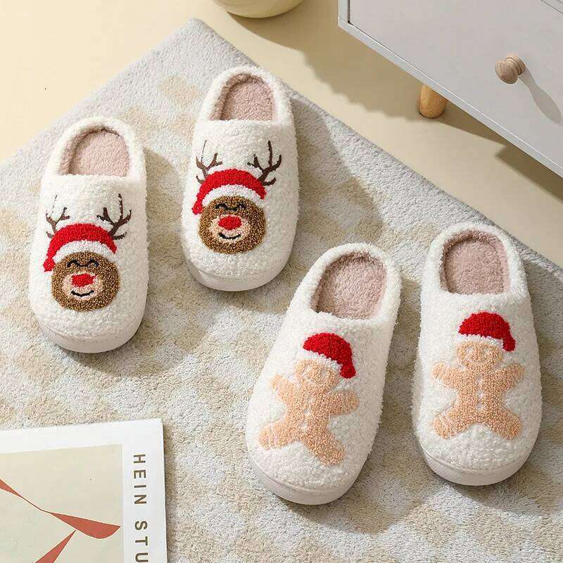 Litfun Christmas Women Cute Winter Fluffy Slippers Couple House Cotton Men Bedroom Soft Sole Flat Shoes for Gift