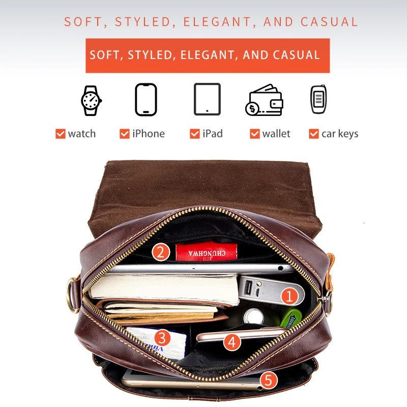 BULLCAPTAIN Mens Leather Shoulder Bag Retro Business Crossbody Bag Large Capacity Fashion Casual Youth Student Handbag 260305