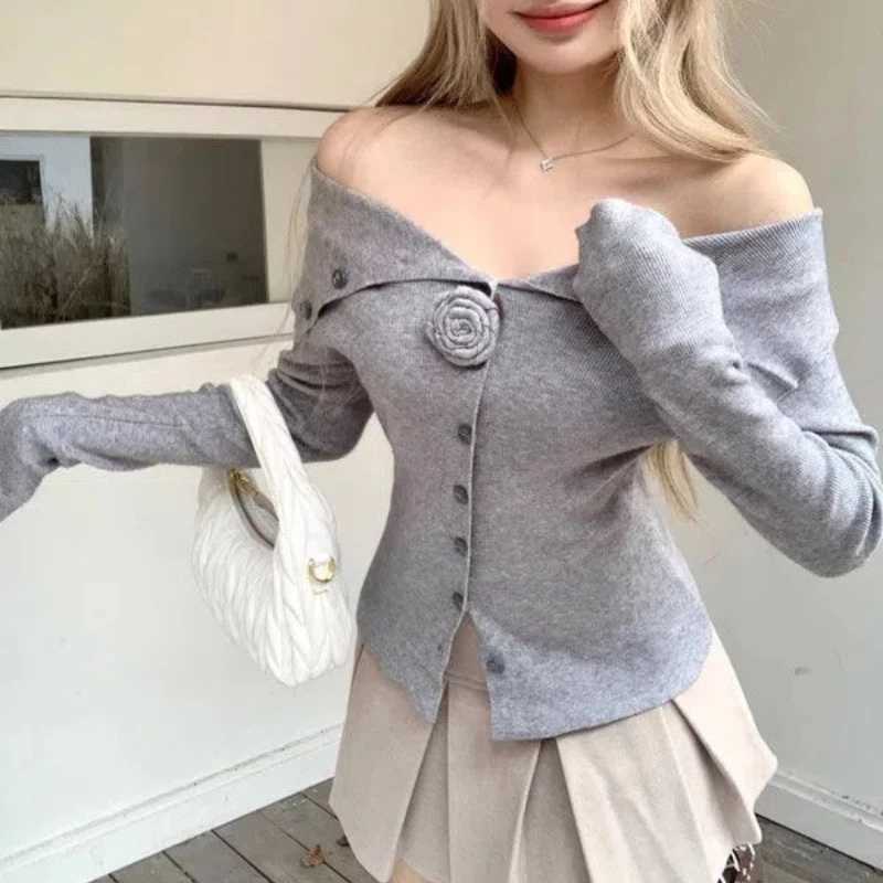 Spring Autumn Solid Color Slash Neck Long Sleeve Fashion Sweater Women High Street Button Patchwork Cardigan Off Shoulder Tops M260306