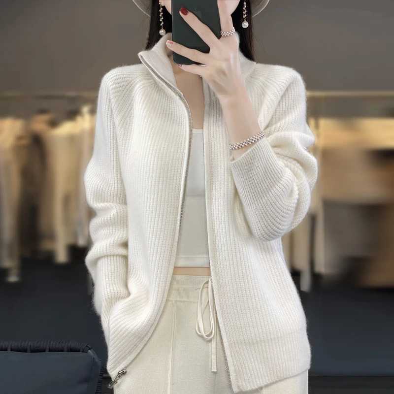 100 Pure Wool Zipper Cardigan Padded Shoulder Stand Collar Womens Cashmere Knitted Coat New Lapel Sweater M260306