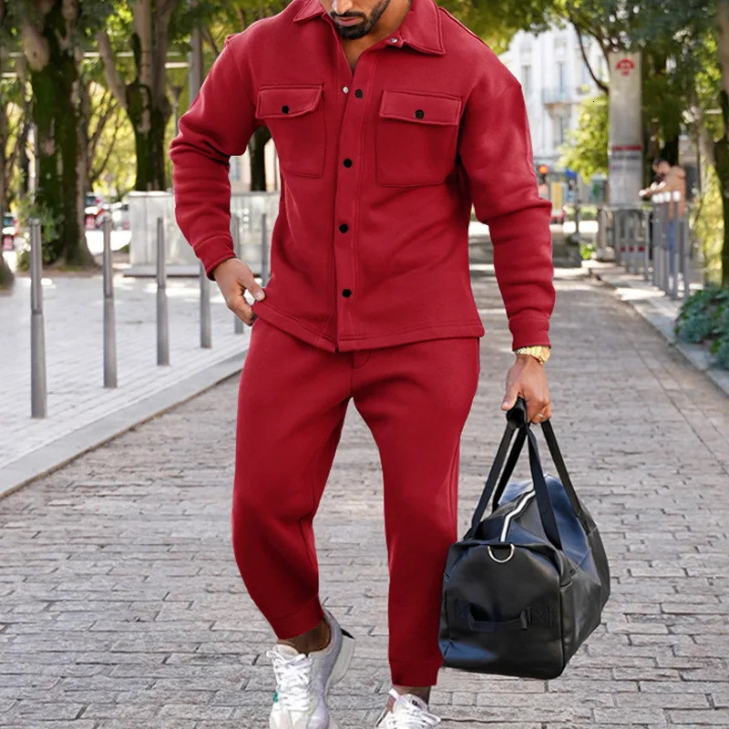 Autumn Winter Fashion Suede Fabric 2-Piece Set Solid Color Slim Fit Long-Sleeve Jacket Cuffed Pants Casual Outfit Mens Sets 260227