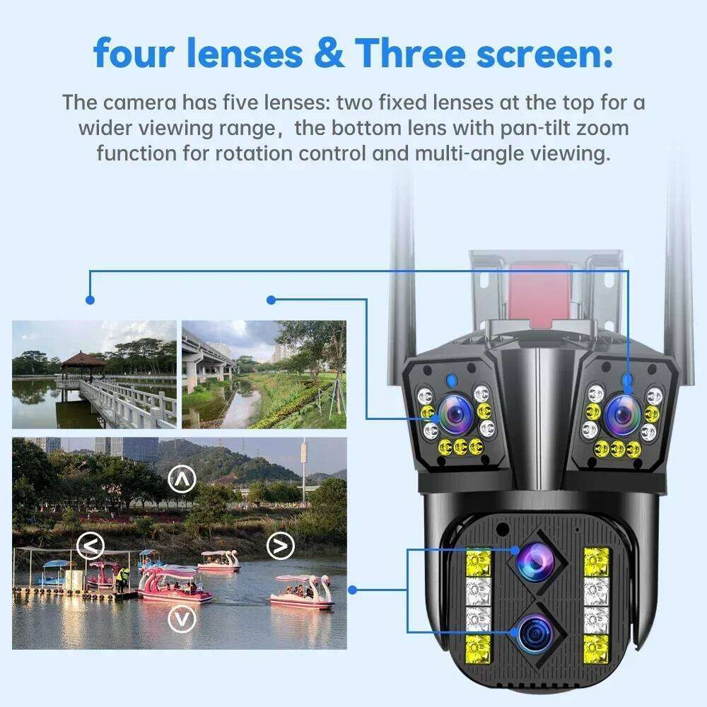 8K WIFI IP 16MP HD Outdoor 10X Optical Zoom Automatic Tracking PTZ Four Lens Three Screen Waterproof Security Camera CCTV 26W0306