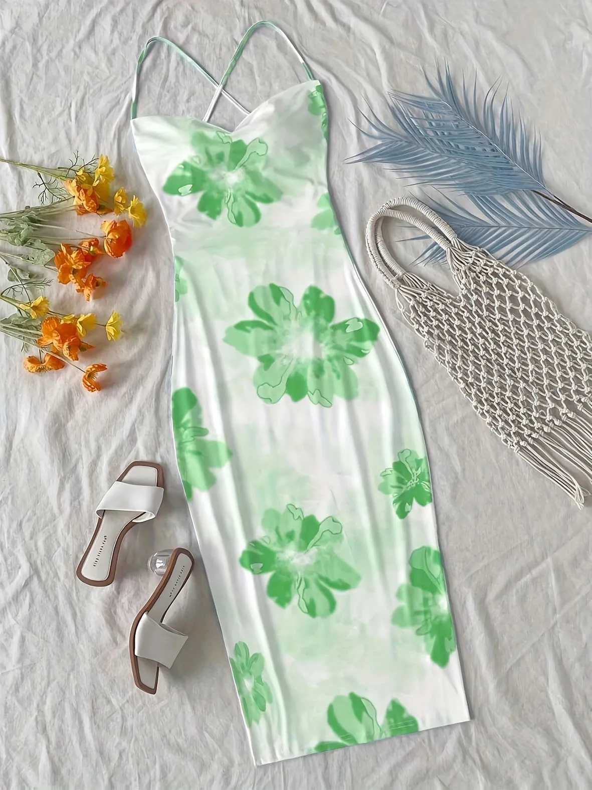 TikTok Viral 2024 Boho Dress Large Floral Maxi Surplice Neck Backless Thin Straps Beach Cover Up X260306