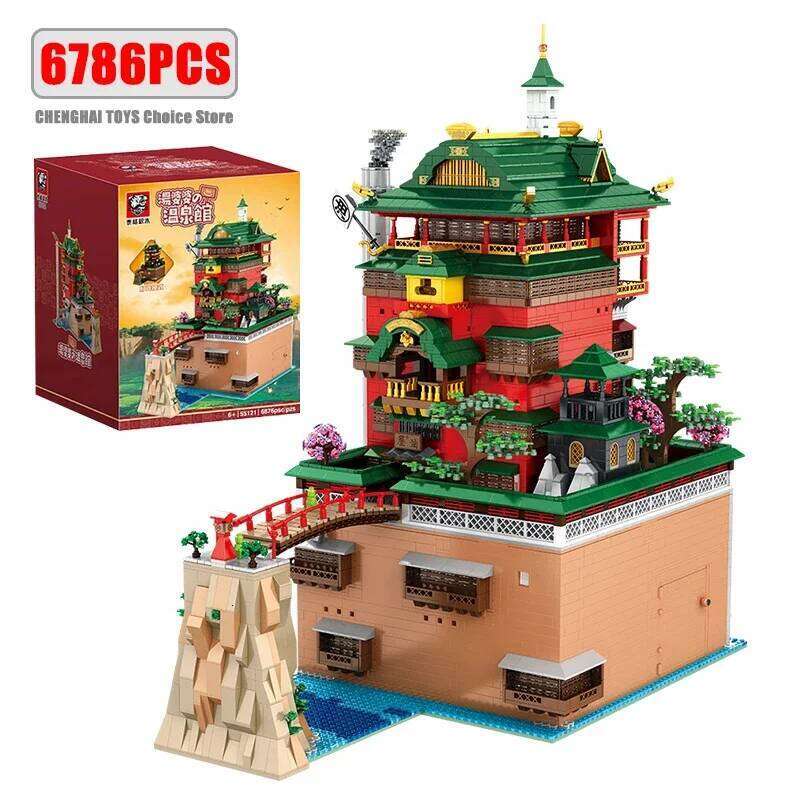 6786PCS City Oil House Soup Hot Springs Hall Hotel Model Bricks Sets Creative Scene Building Blocks Toys Kids Gifts MOC Z260306