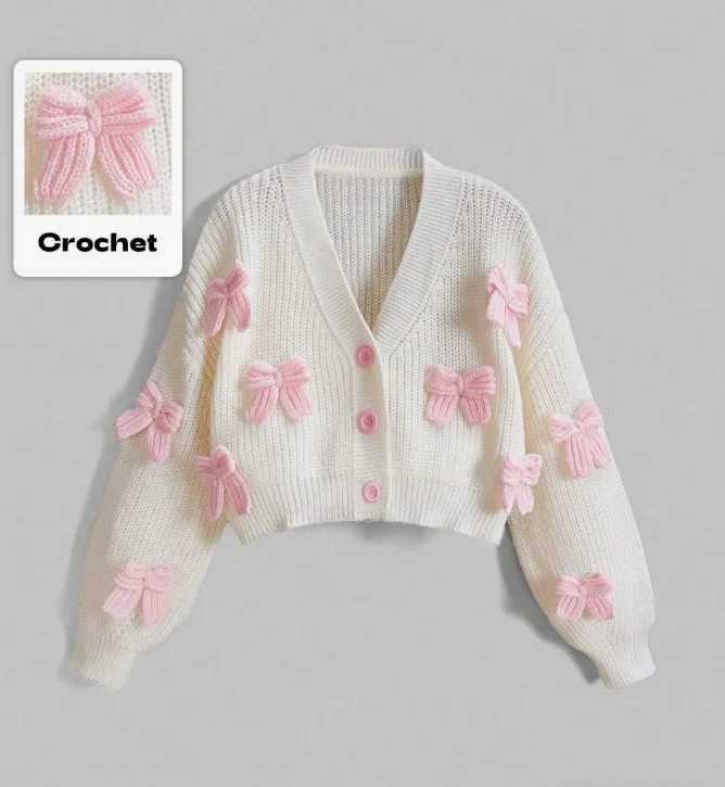 Ladies Elegant Pink Bow Knot Sweater Cardigan Long Sleeve Top for Spring Autumn Cute Woolen Style with Pink round Buttons M260306