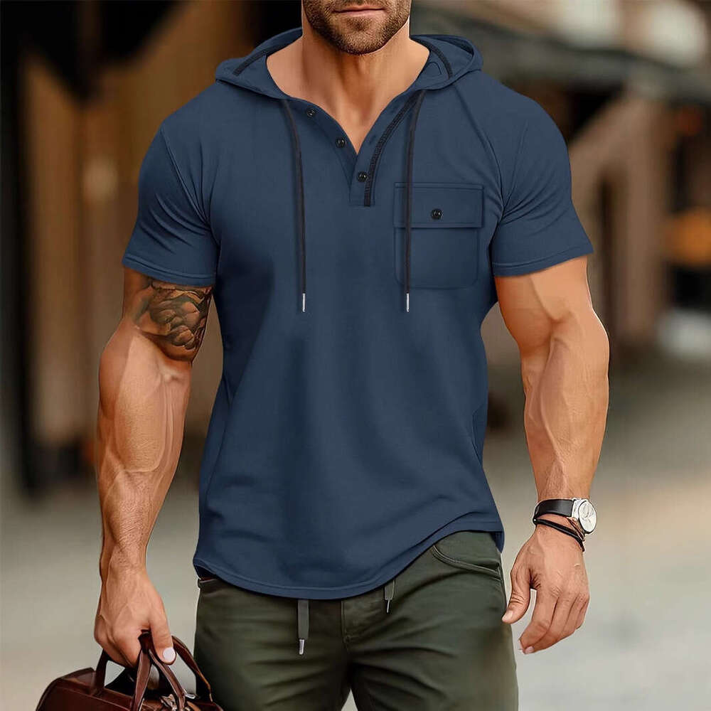Men's Fitness Hooded Short Sleeve T-Shirt Summer Hoodie Sports Top American Style Henley Shirt