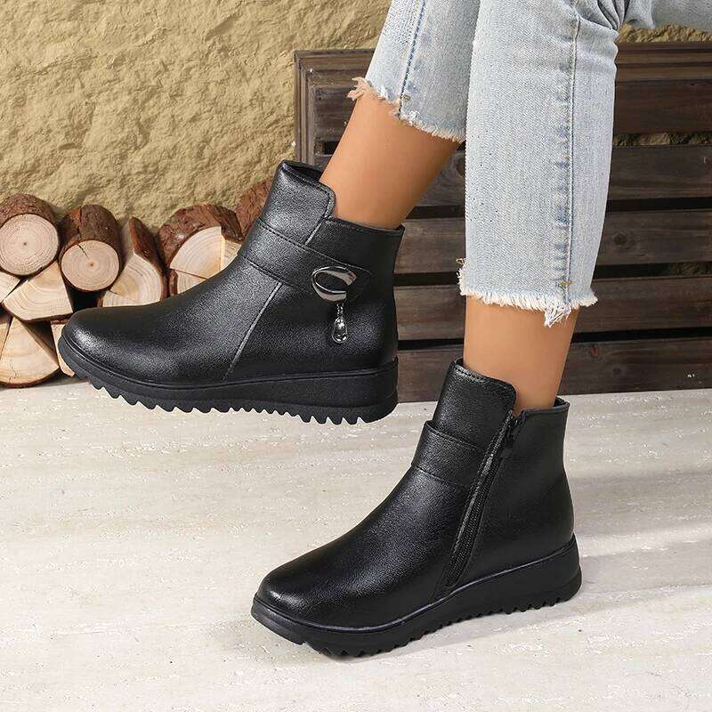 2025 Winter New Women's Ankle Boots - Side Zipper Plush Lined, Buckle Decor with Pendant, Non-Slip Wedge Heel, Warm & Elegant