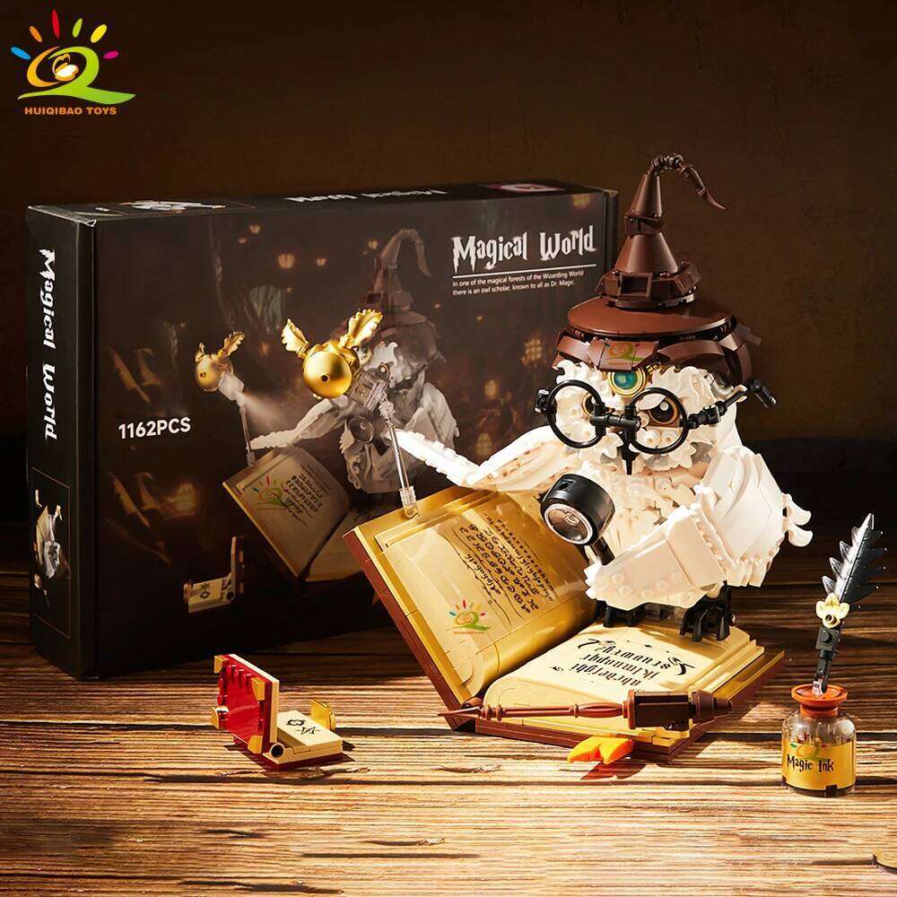 HUIQIBAO MOC Owl Doctor Magic Book with Lights Building Blocks Bricks Animal Models Boys Assembly Toys Kid DIY Home Desk Decor Z260306