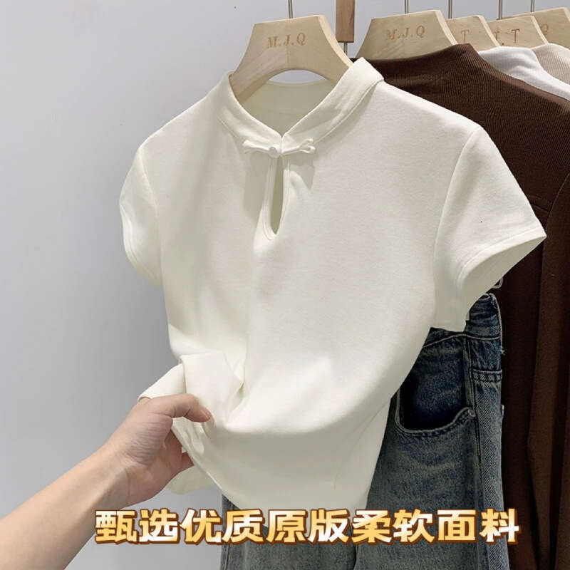 New Chinese T-irt Women's Summer 2026 Stand Collar Button up Top Faionable Design Elegant Chinese Style Short Sleeve T-Shirt
