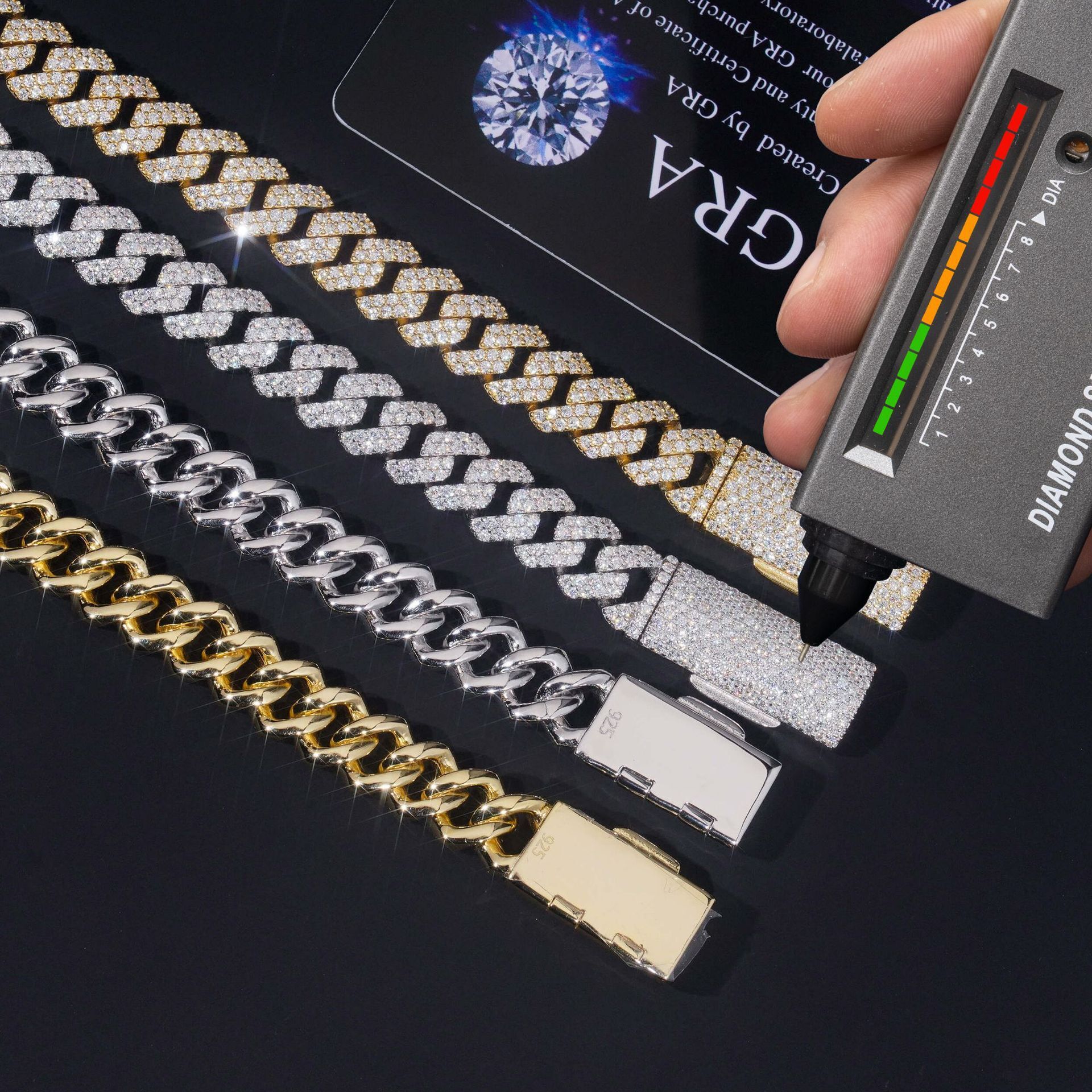Hiphop Cuban chain s925 silver fully inlaid with moissanite 10mm double row diamond-shaped bracelet necklace