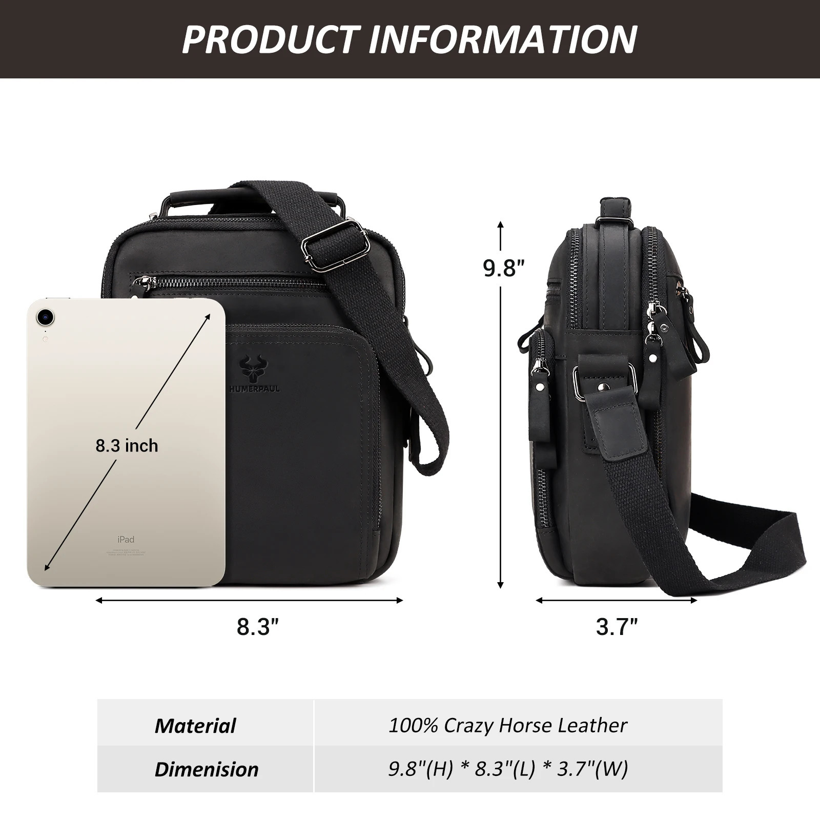 HUMERPAUL Mens Cowhide Shoulder Bag Casual Crossbody Bags Full Grain Leather Multifunctional Ipad Messenger Handbag Quality 260305