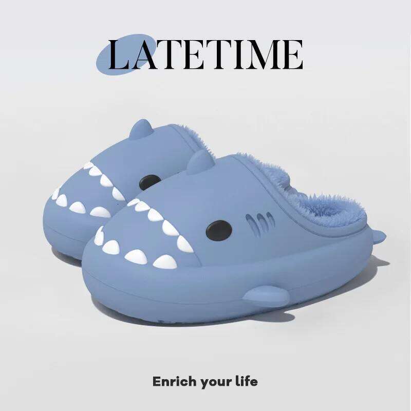Litfun Fuzzy Shark Slippers For Women Men Winter Indoor Plush Cartoon Cotton Shoes New Outdoor Adults Kids Waterproof Furry Shoe