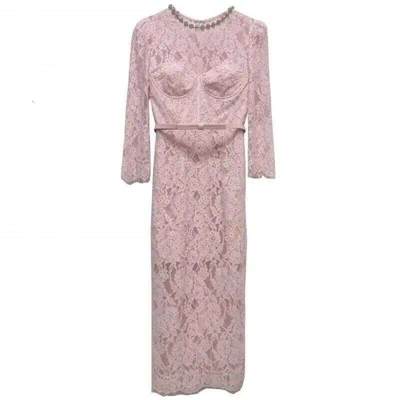 Luxury Summer Bead Crystal Sexy Perspective Eyelash Lace Long Dress Women Evening Short Sleeve Pencil Party Midi Dresses Mdng260306