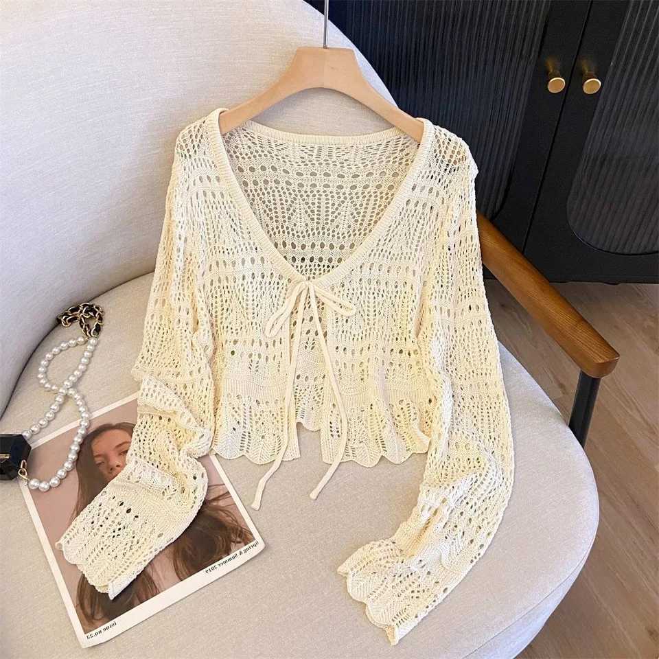 Womens Summer Lace Knit Cardigan Long Sleeve V-neck Openwork Crochet Tie Front Sun Protective Shawl Versatile Cover-Up for Fall M260306