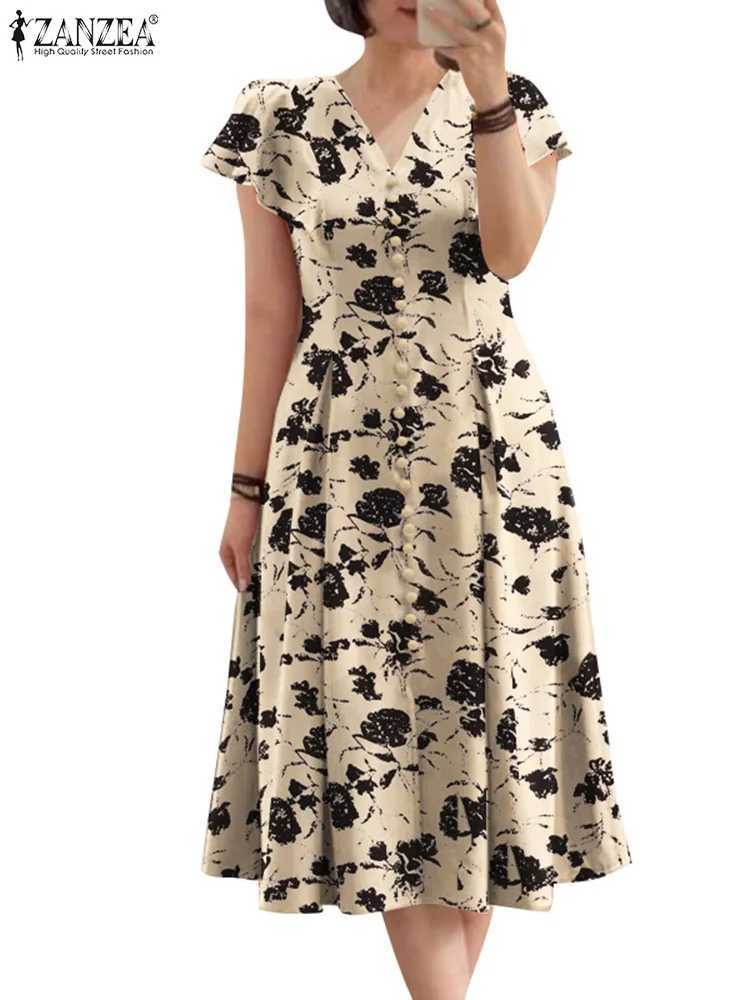 Women Elegant OL Work Floral Mid-calf Sundress ZANZEA Fashion Summer V Neck Short Sleeve Printed Dress Vintage Holiday Vestido X260306