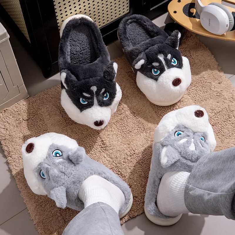 Women Indoor Cotton Slippers Cute Cartoon Dog Winter Warm Shoes Couples Home Floor Slides Anti-slip Female Male House Footwear S2603054HSX