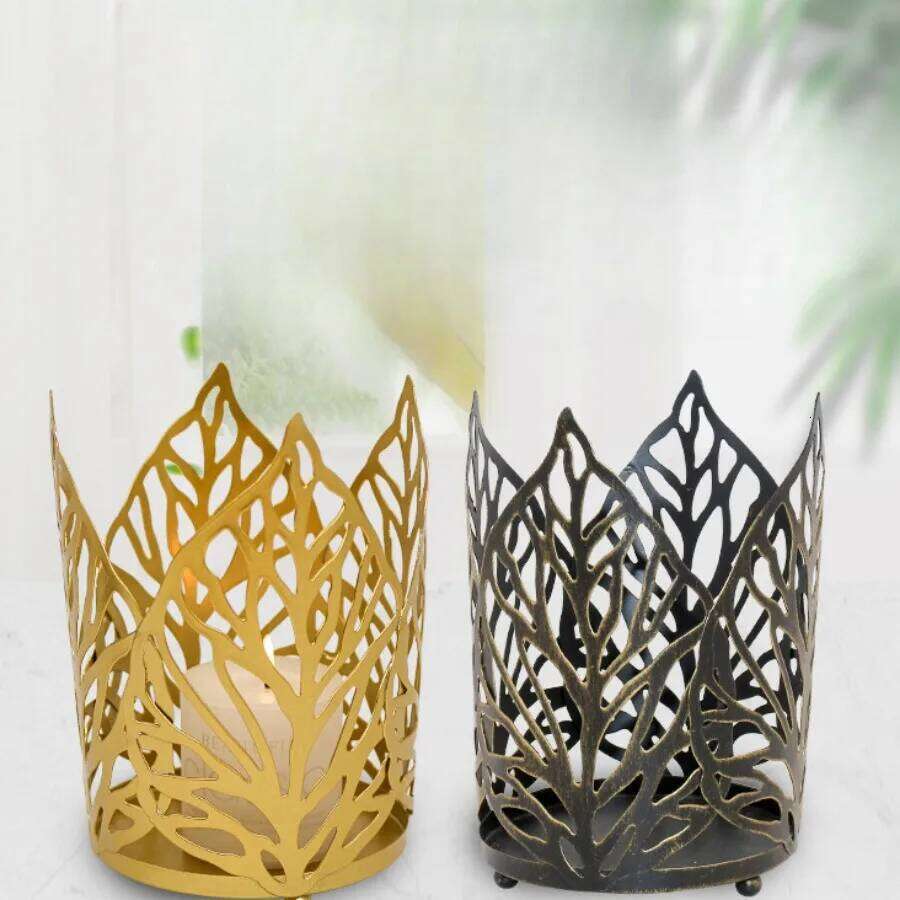 1Pc Nordic Wrought Iron Gold Distressed Hollow Leaf Holders Home Decor Candle Holder Ornaments Wedding Props Handicrafts XJ260305