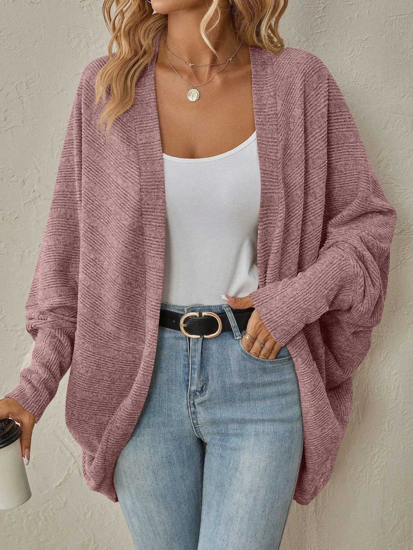 2026 Autumn Winter Womens Solid Color Mid-Length Soft Knit Open Front Cardigan Casual Office Outerwear M260306
