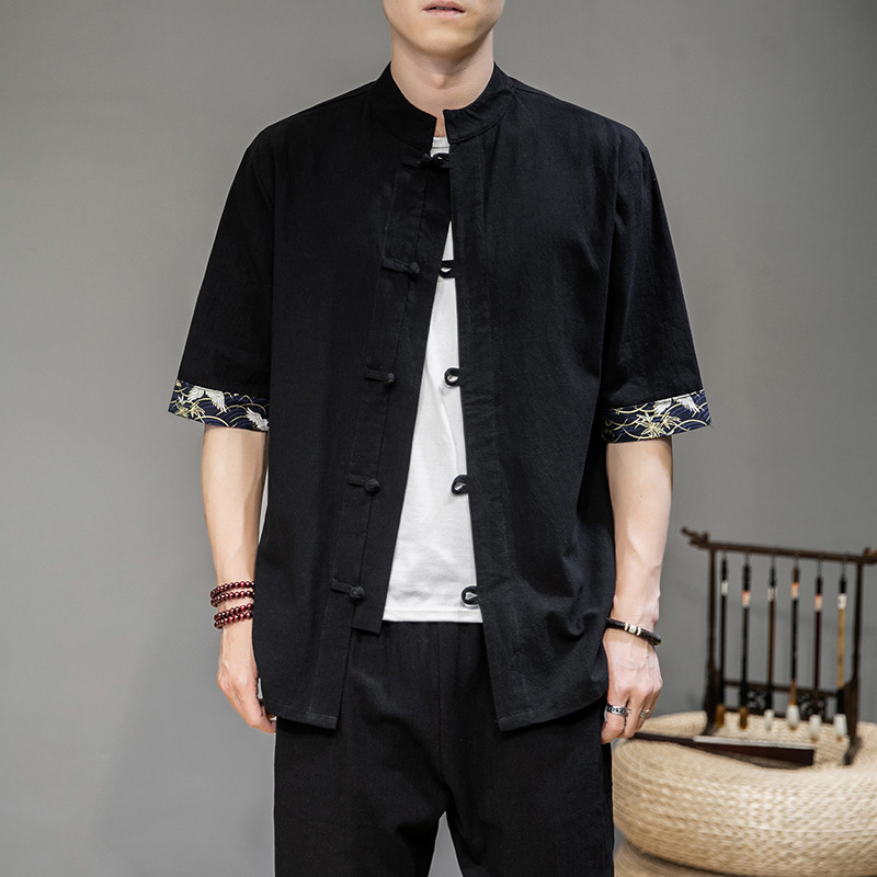 Men'S Linen Style Large Size Short Sleeve Shirt Chinese Style Cotton Linen Loose Button Shirt