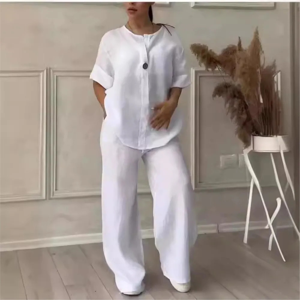 Fashion O Neck Long Sleeve Cotton Linen Shirt Suit Women Spring Autumn Casual Solid Color Pocket Pants Female Office 2 Piece Set 260305