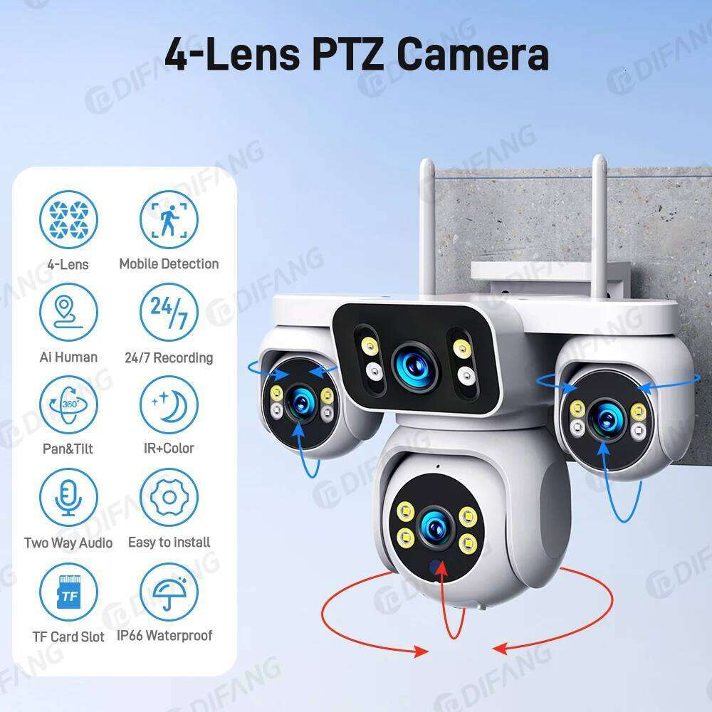 DIFANG 10K 20MP Screens 12X Zoom CCTV Surveillance Outdoor Waterproof Four Lens Home WiFi Security Camera 26W0306