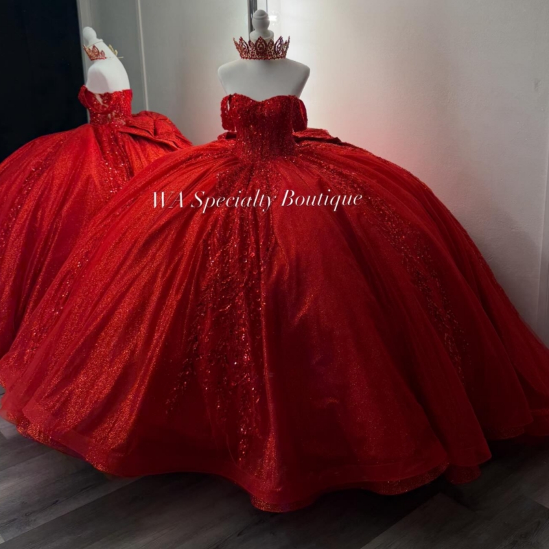 Red Shiny Quinceanera Dresses Ball Gown Off The Shoulder Sequin Beading Crystal Bow Corset Party Birthday Sweet 16 Dress Vestidos 15 De Anos