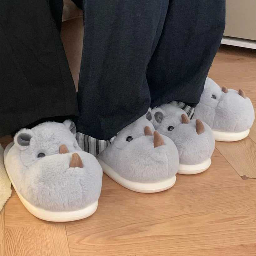 Cute Fun Rhinoceros Design Women Winter new Slippers Casual Soft Heel Platform Fur Warm Indoor Comfortable Man Home Slippers S260305