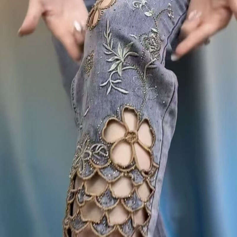 Mardi Hefxessdr women High end hollowed out embroidered denim new summer thin high waist stylish denim jeans women's clothing