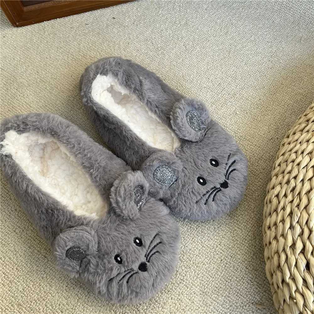 House Slipper Women Winter Non Slip Grip Indoor Fur Contton Warm Plush Home Fluffy Lazy Female Mouse Ears Embroidery Fuzzy Shoe S260305