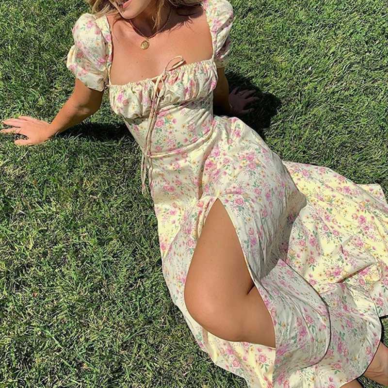 Women Floral Print Split Dress Sweet Puff Short Sleeve Square Collar Slim Fit Maxi Dress Holiday Summer Casual Sexy A-Line Dress X260306