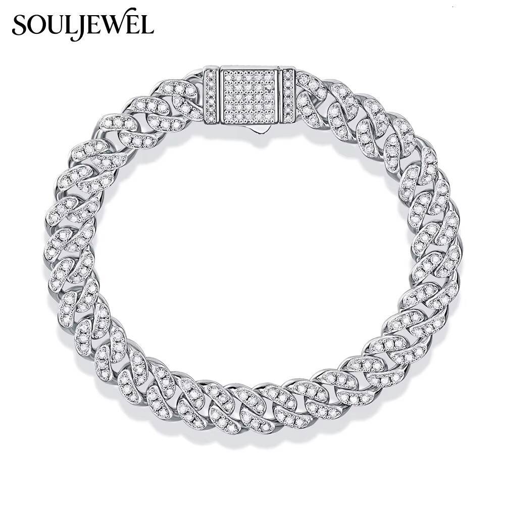 Moissanite Cuban Bracelet Sterling Silver Claw Setting Rhodium Plated Chain Link Design Hip Hop Style Unisex Everyday Wear