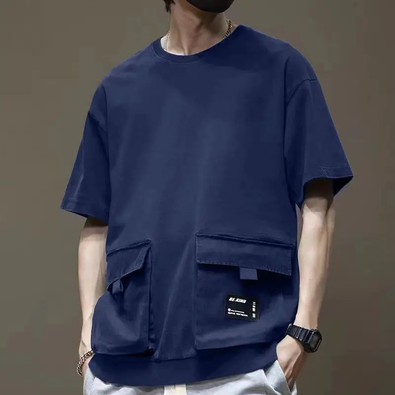 Men Cargo Short Sleeve Tshirt Cotton Round Collar Sports Pocket Running Tee High Street Dropped Shoulder Half TShirts 260302