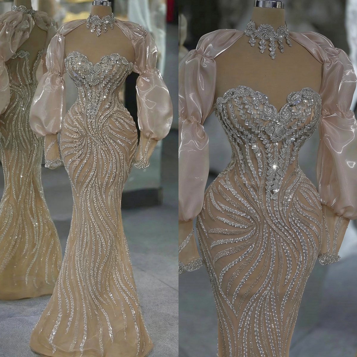 Exquisite Mermaid Evening Dresses For Women Sequins Crystal Gown Sweetheart Neck Long Sleeves Sweep Train Dress Party Custom Made